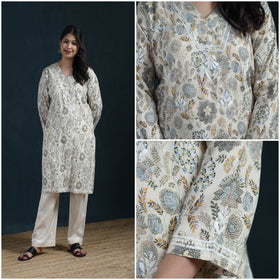 Beige - Hand Embroidered Printed Cotton Chikankari Kurta with Pant Set for Women 29