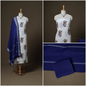 Sanganeri Block Print Cotton Unstitched Dress Material: Kurta, Bottom & Dupatta with Jewellery 05