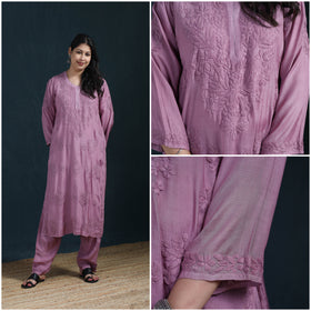 Purple - Hand Embroidered Muslin Chikankari Kurta with Pant Set for Women 25
