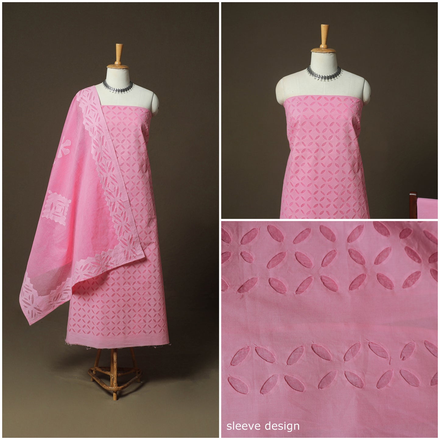 Pink - Barmer Applique Cutwork Cotton 3pc Unstitched Dress Material Suit Set 17