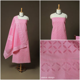 Pink - Barmer Applique Cutwork Cotton 3pc Unstitched Dress Material Suit Set 17
