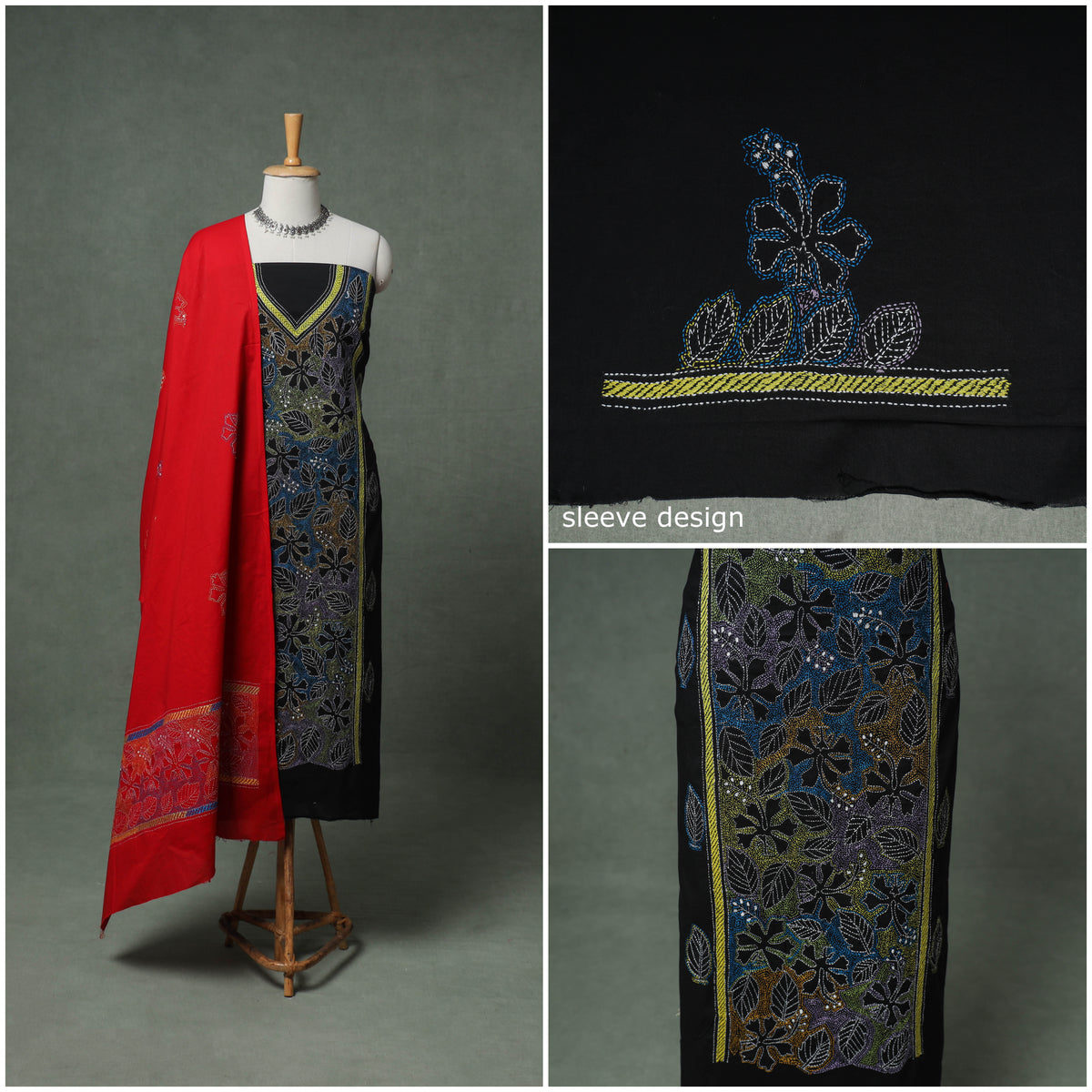 Bengal Kantha Hand Embroidered Cotton Unstitched Dress Material: Kurta, Bottom & Dupatta 02
