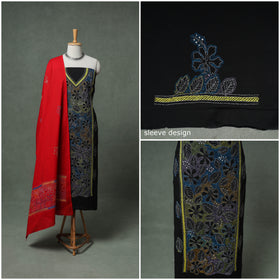 Bengal Kantha Hand Embroidered Cotton Unstitched Dress Material: Kurta, Bottom & Dupatta 02