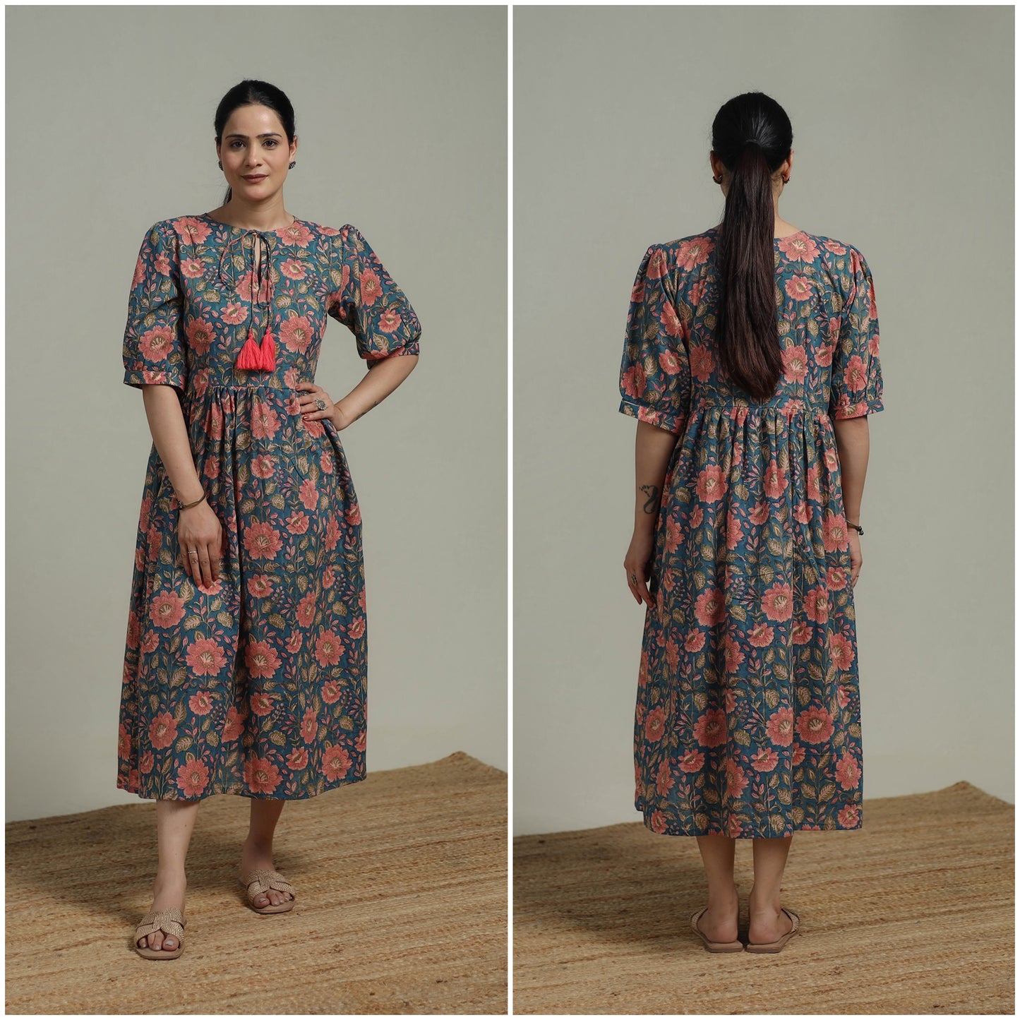 Blue - Sanganeri Hand Block Print Pure Cotton Flared Dress 04