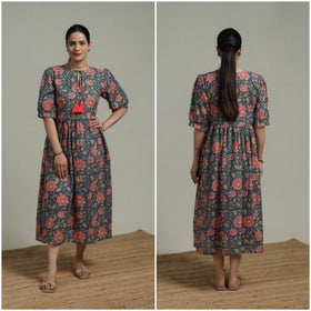 Blue - Sanganeri Hand Block Print Pure Cotton Flared Dress 04