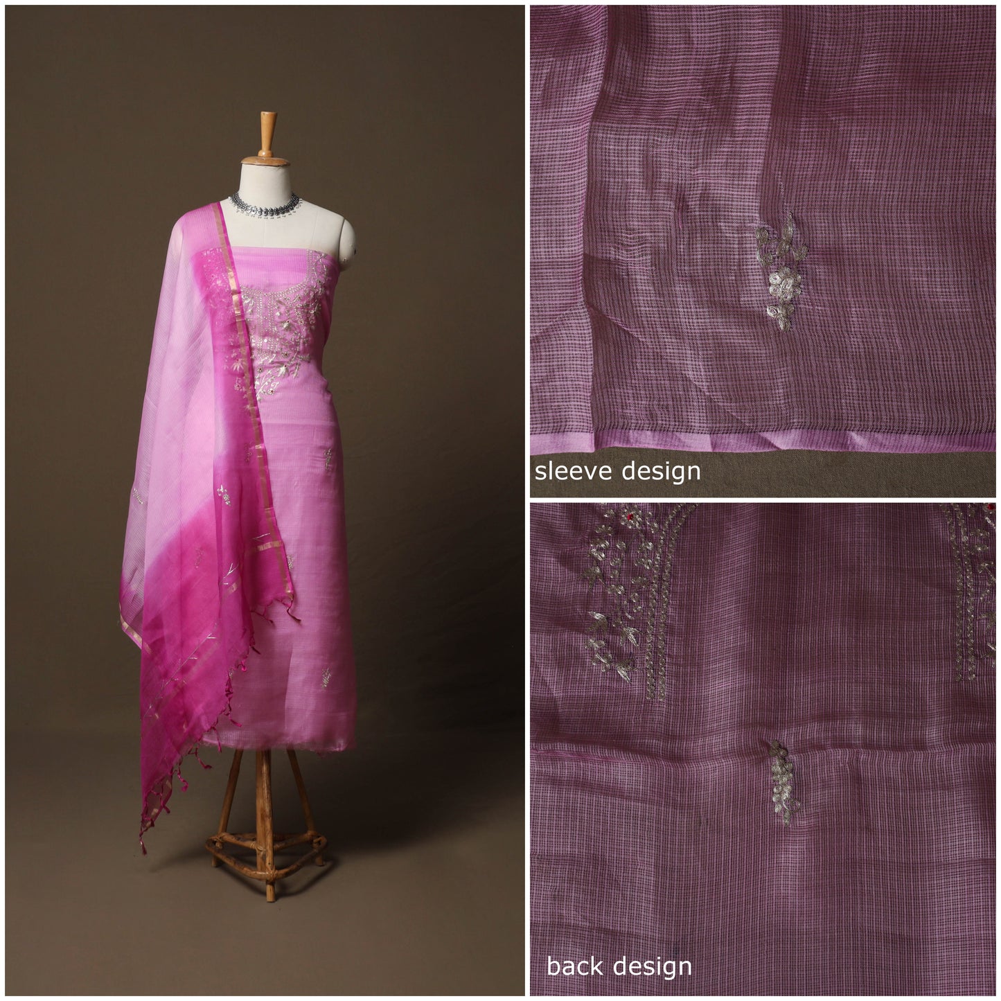 Purple - 3pc Pitta Work Kota Doria Silk Unstitched Dress Material Suit Set 03