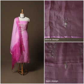Purple - 3pc Pitta Work Kota Doria Silk Unstitched Dress Material Suit Set 03