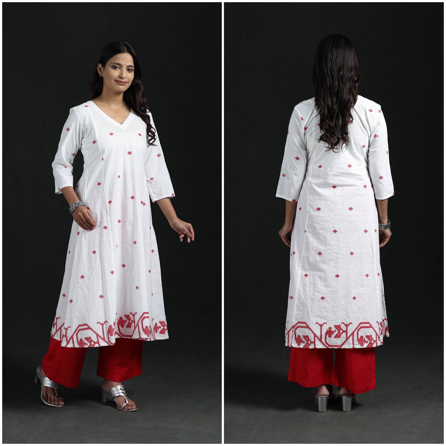 Hand Embroidered Jacquard Cotton A-Line Long Kurta for Women 06