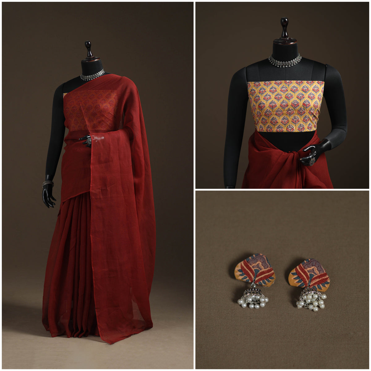 Maroon - Nazaakat Kota Doria Cotton Plain Saree with Blouse Piece & Earrings 17