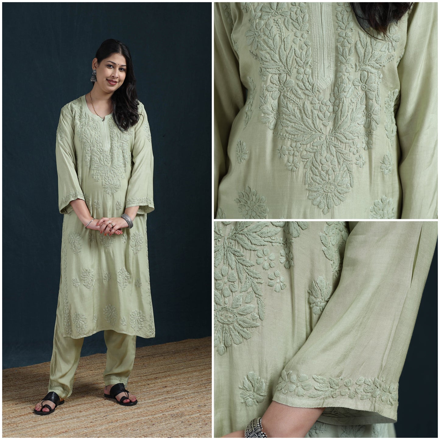 Green - Hand Embroidered Muslin Chikankari Kurta with Pant Set for Women 26