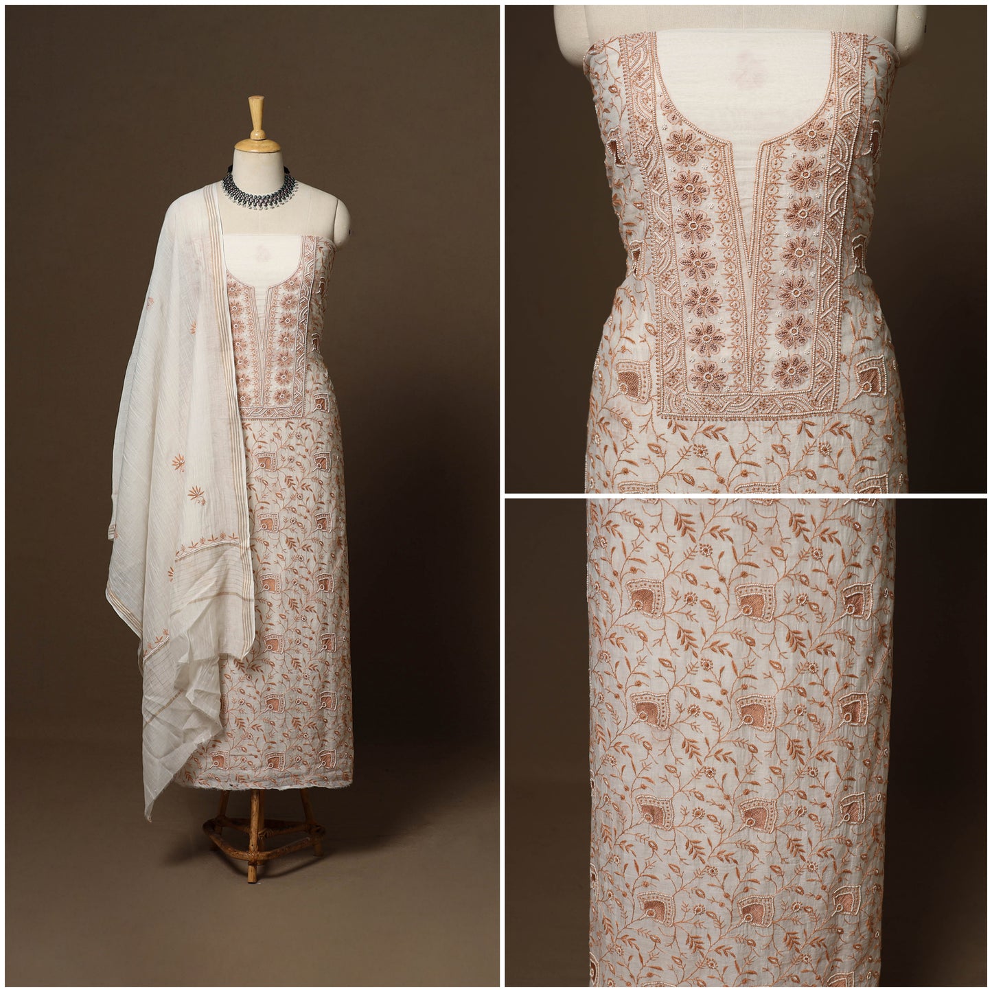 Beige - 2pc mul chanderi unstitched hand beads work heavy