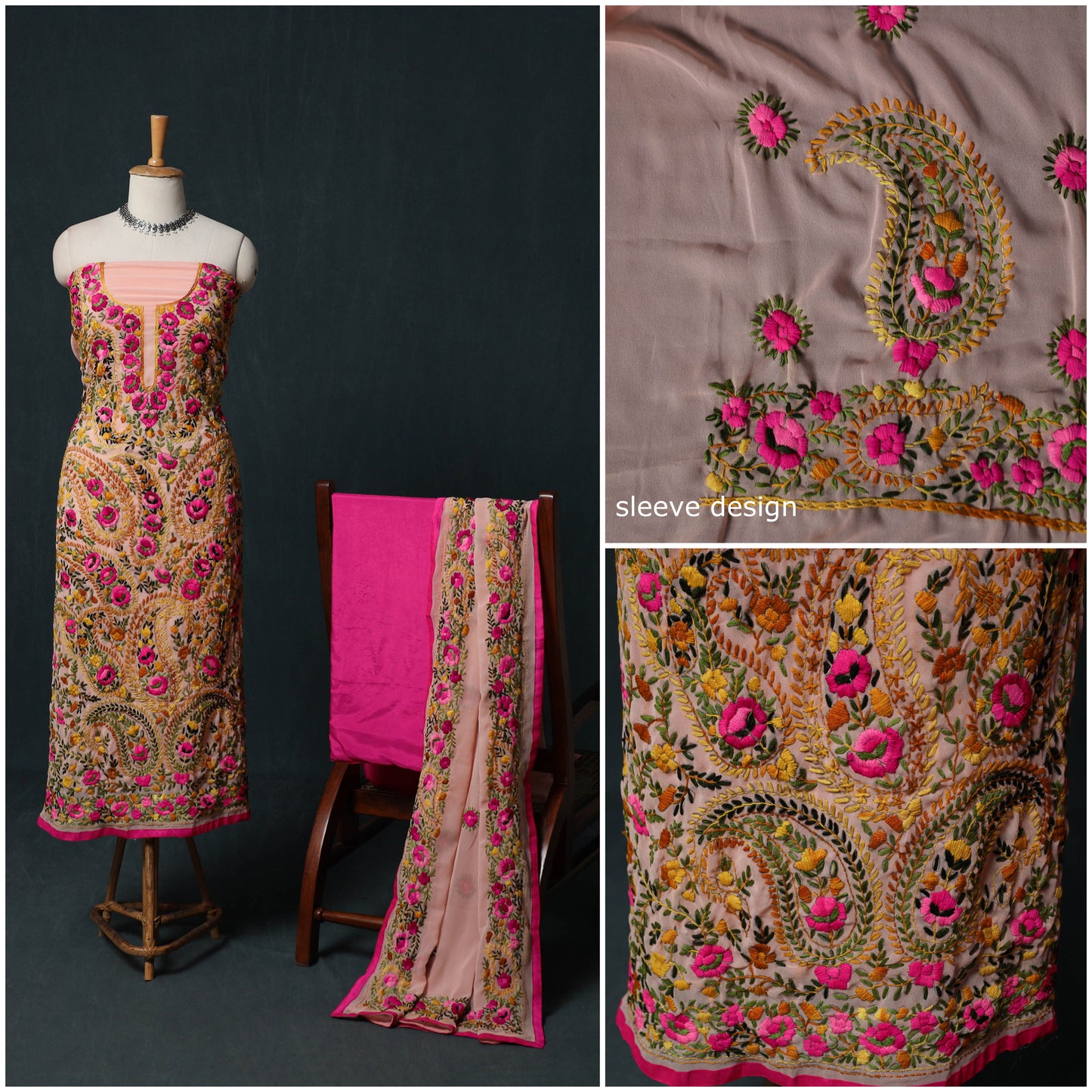 Hand Embroidered Georgette 3pc Unstitched Dress Material Suit Set 29