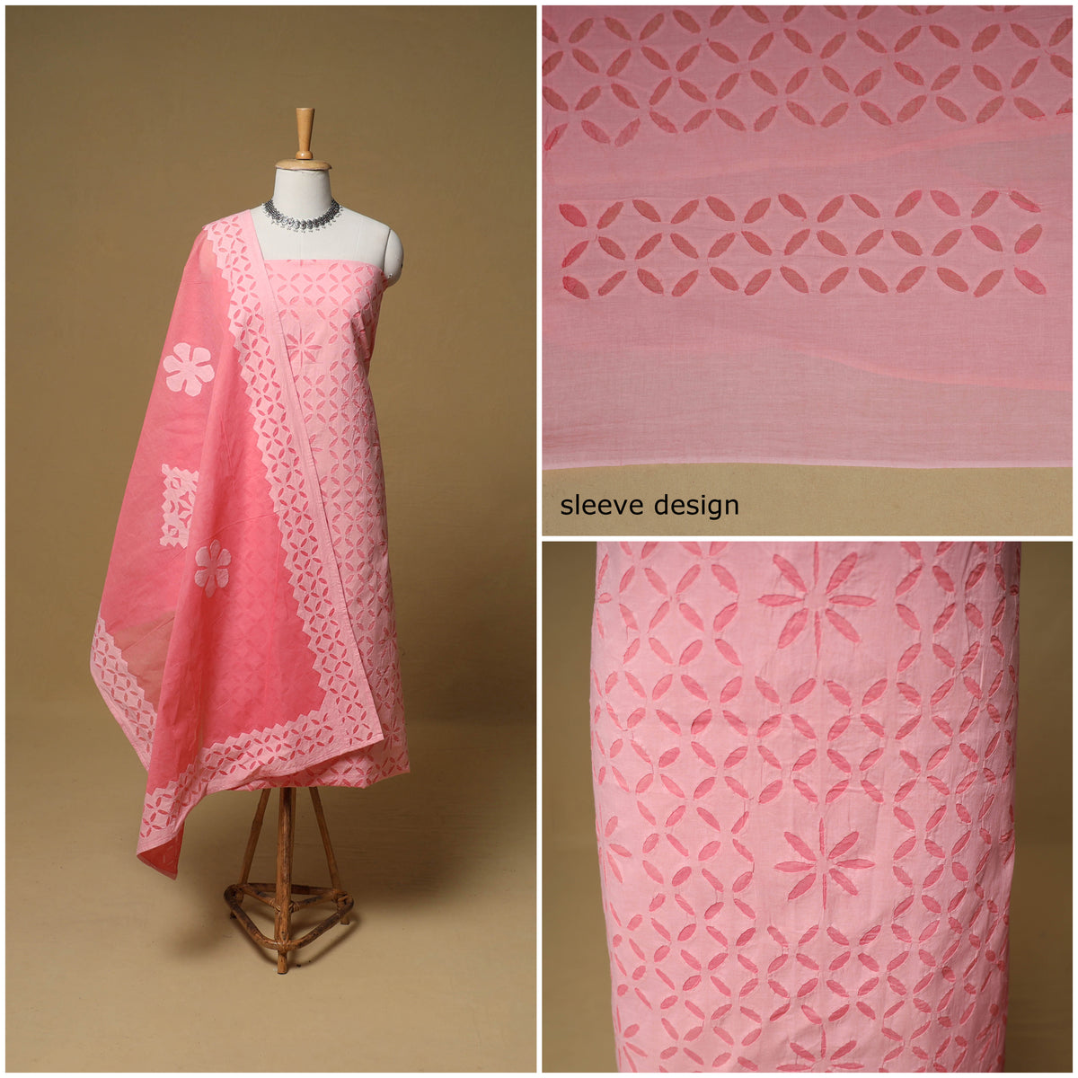 Barmer Applique Cutwork Cotton Unstitched Dress Material: Kurta, Bottom & Dupatta 16