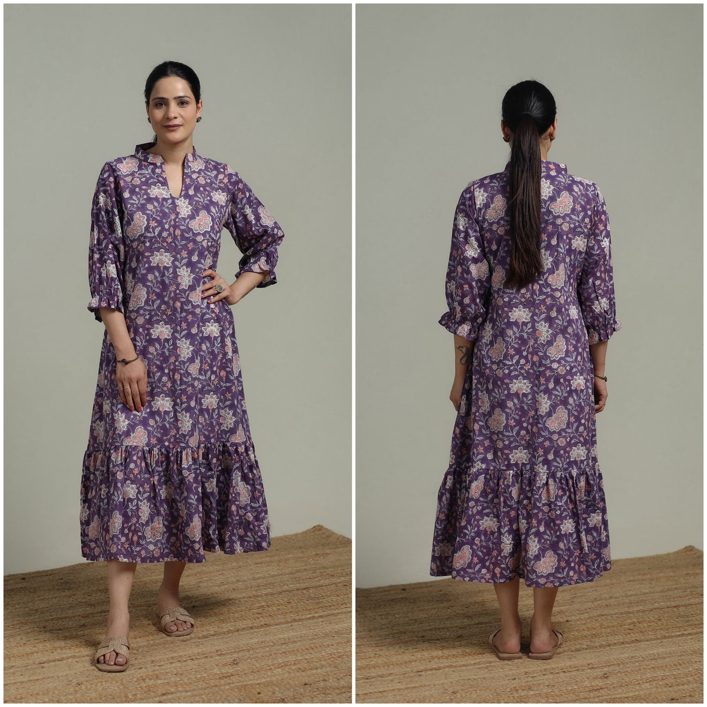 Purple - Sanganeri Hand Block Print Pure Cotton Tiered Dress 20