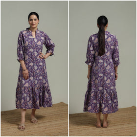 Purple - Sanganeri Hand Block Print Pure Cotton Tiered Dress 20