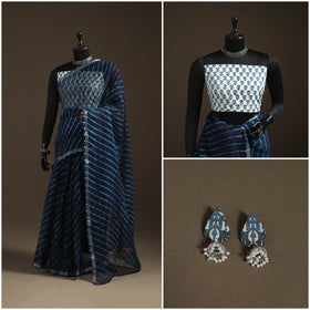 Blue - Nazaakat Kota Doria Cotton Plain Saree with Blouse Piece & Earrings 09
