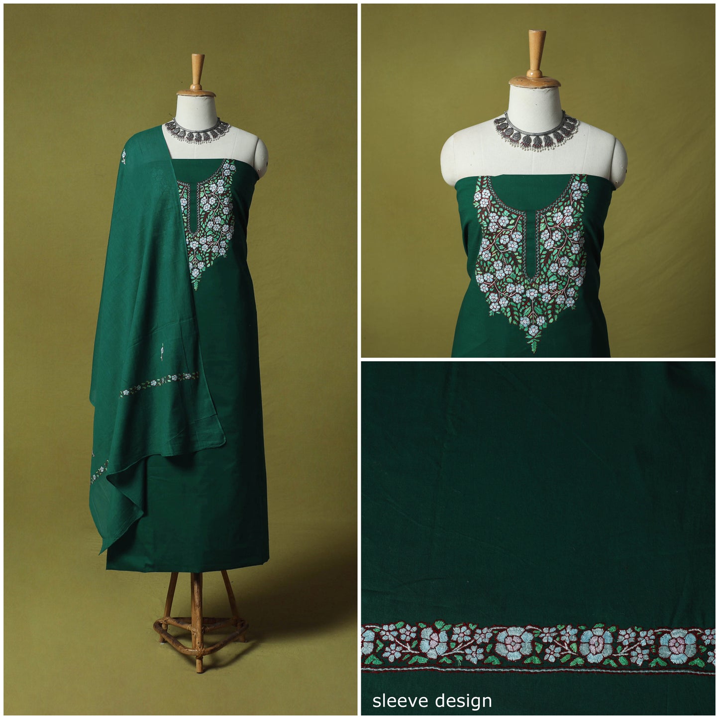 Hand Embroidered Cotton Kashida 3pc Unstitched Dress Material Suit Set 66