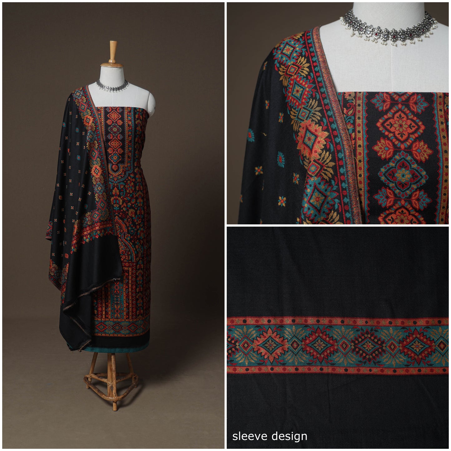 Black - Woolen Digital Print Unstitched Dress Material: Kurta, Bottom & Dupatta 48