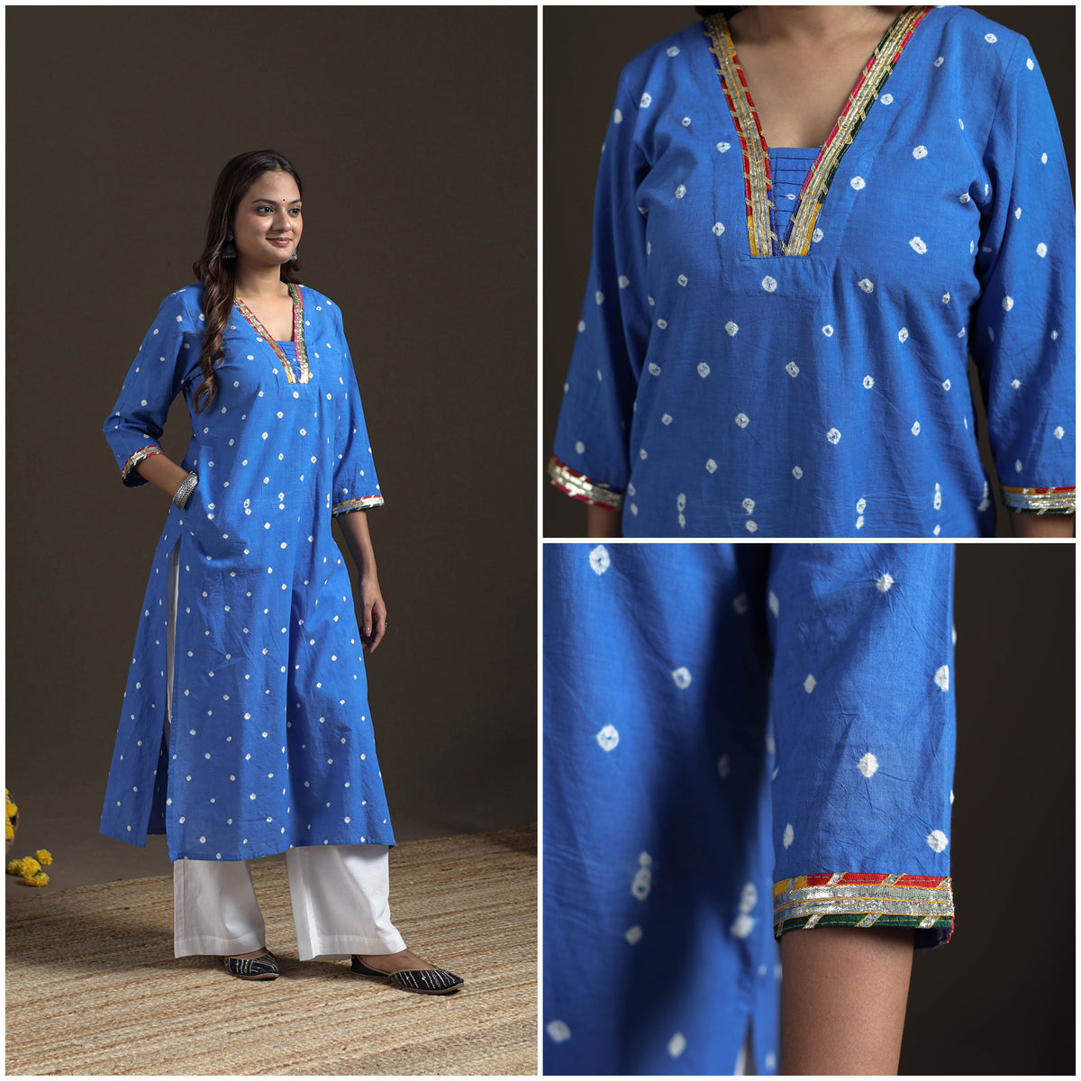 Gota Work Bandhani Tie-Dye Cotton Straight Long Kurta for Women 19