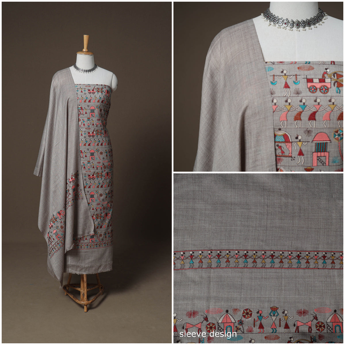 Woolen Heavy Embroidered Unstitched Dress Material: Kurta, Bottom & Dupatta 42