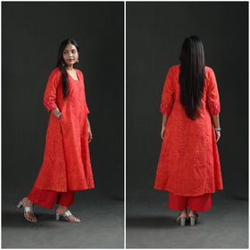 Red - hand batik print cotton a-line long kurta for women