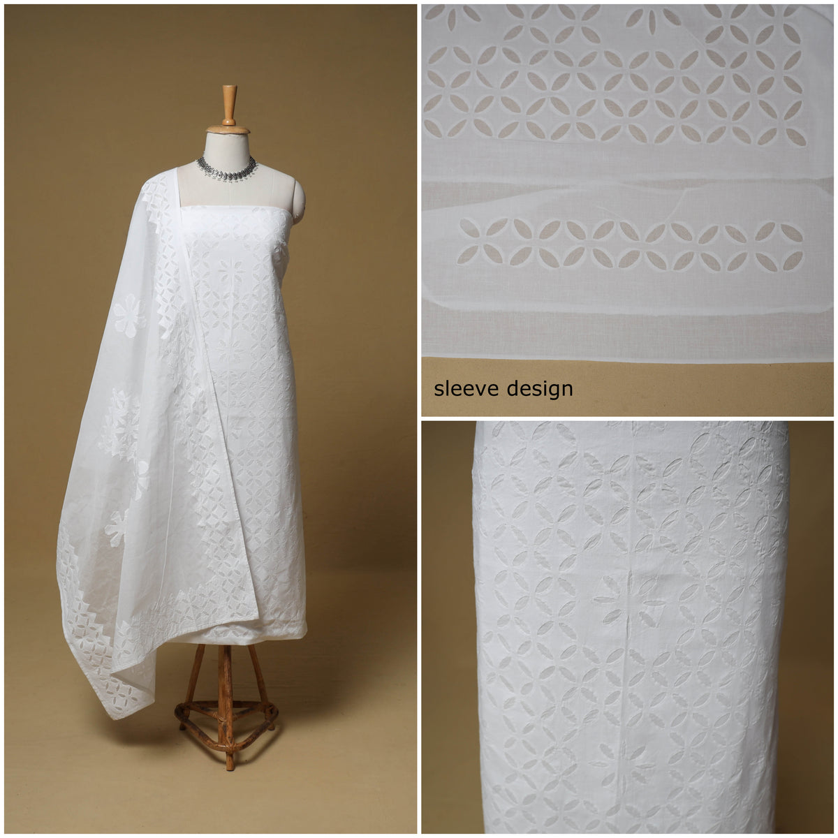 Barmer Applique Cutwork Cotton Unstitched Dress Material: Kurta, Bottom & Dupatta 06