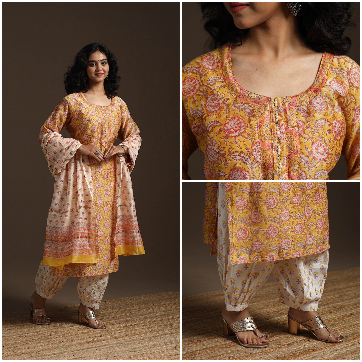 Yellow - Chanderi Silk Hand Embroidery Block Print Sanganeri Suit Set with Dupatta for women 07