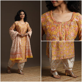 Yellow - Chanderi Silk Hand Embroidery Block Print Sanganeri Suit Set with Dupatta for women 07