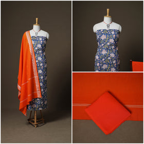 Sanganeri Block Print Cotton Unstitched Dress Material: Kurta, Bottom & Dupatta with Jewellery 19