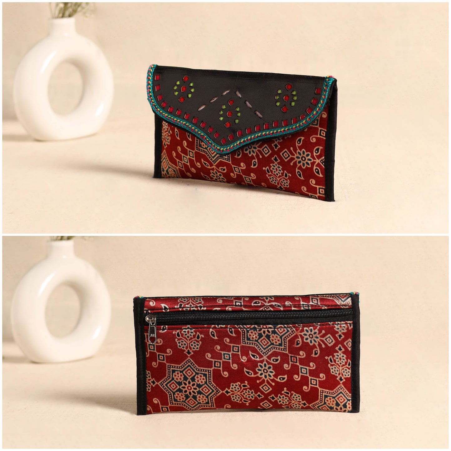 Traditional Kutch Mashru Silk Leather Flap Clutch / Wallet 108