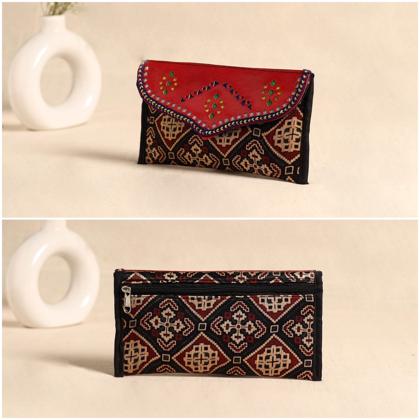 Traditional Kutch Mashru Silk Leather Flap Clutch / Wallet 98