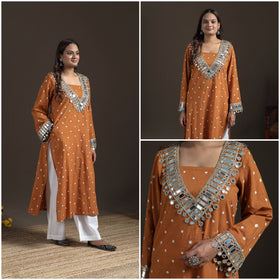 Gota Mirror Work Bandhani Tie-Dye Cotton Straight Long Kurta for Women 11