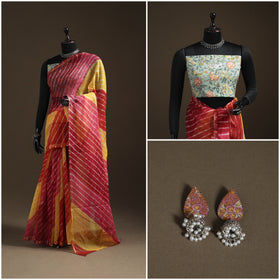 Multicolor - Kota Doria Cotton Leheriya Tie-Dye Saree with Blouse Piece & Earrings 03
