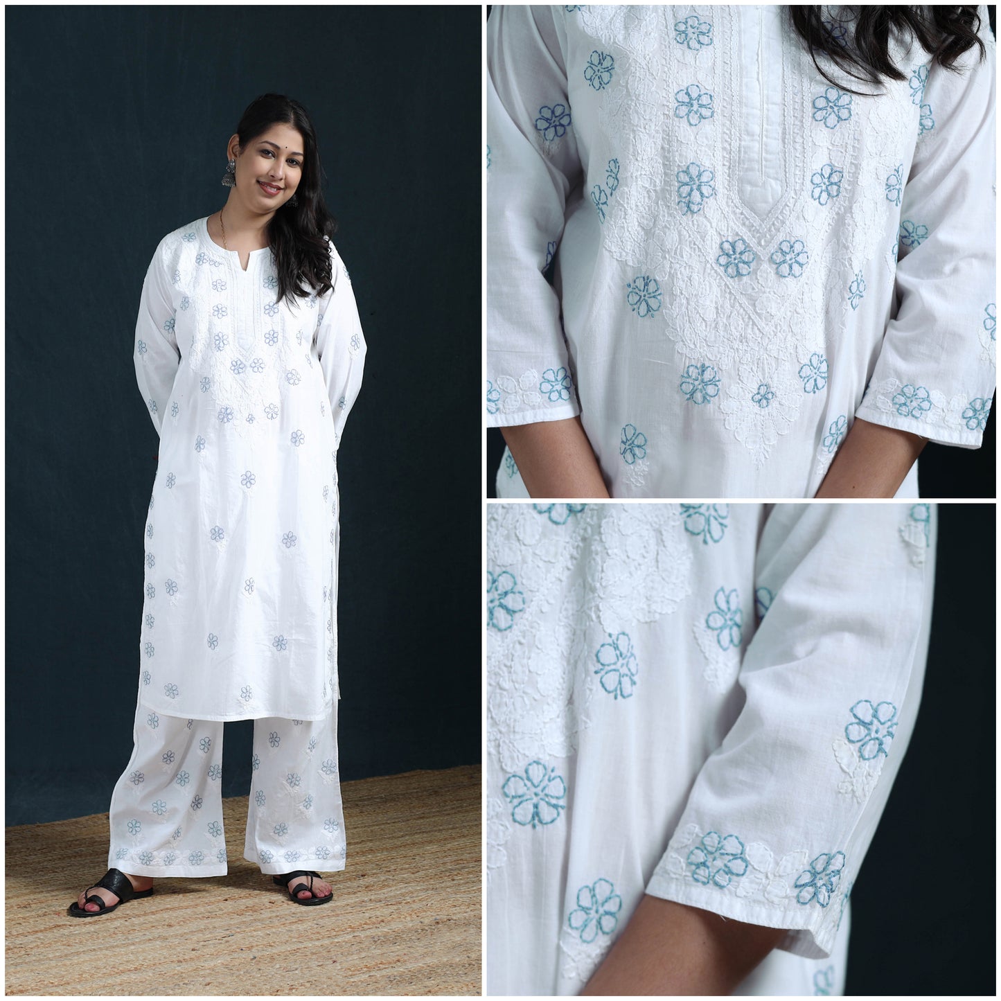 White - Hand Embroidered Mul Cotton Chikankari Kurta with Palazzo Set for Women 35