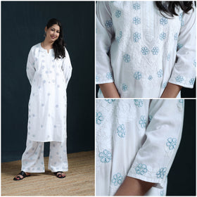 White - Hand Embroidered Mul Cotton Chikankari Kurta with Palazzo Set for Women 35