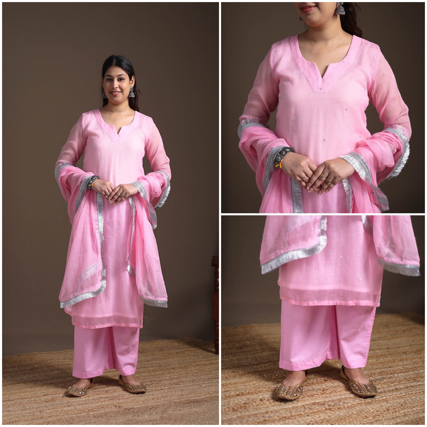 Sequin Work Plain Kota Doria Cotton Suit Set with Lace Work Dupatta for Women 12