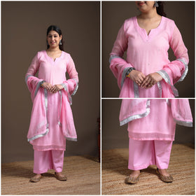 Sequin Work Plain Kota Doria Cotton Suit Set with Lace Work Dupatta for Women 12