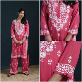 Pink - Hand Embroidered Rayon Chikankari Kurta with Palazzo Set for Women 11