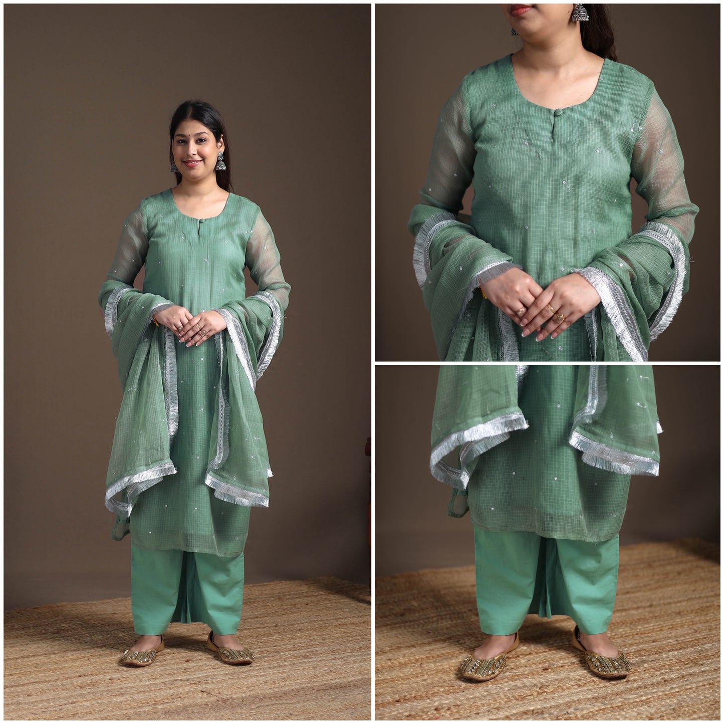 Sequin Work Plain Kota Doria Cotton Suit Set with Lace Work Dupatta for Women 20