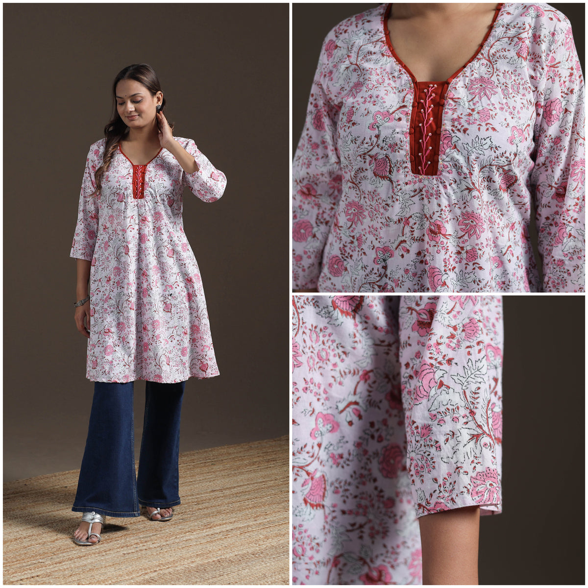 Sequin Work Sanganeri Floral Print Cotton A-Line Kurta for Women 07