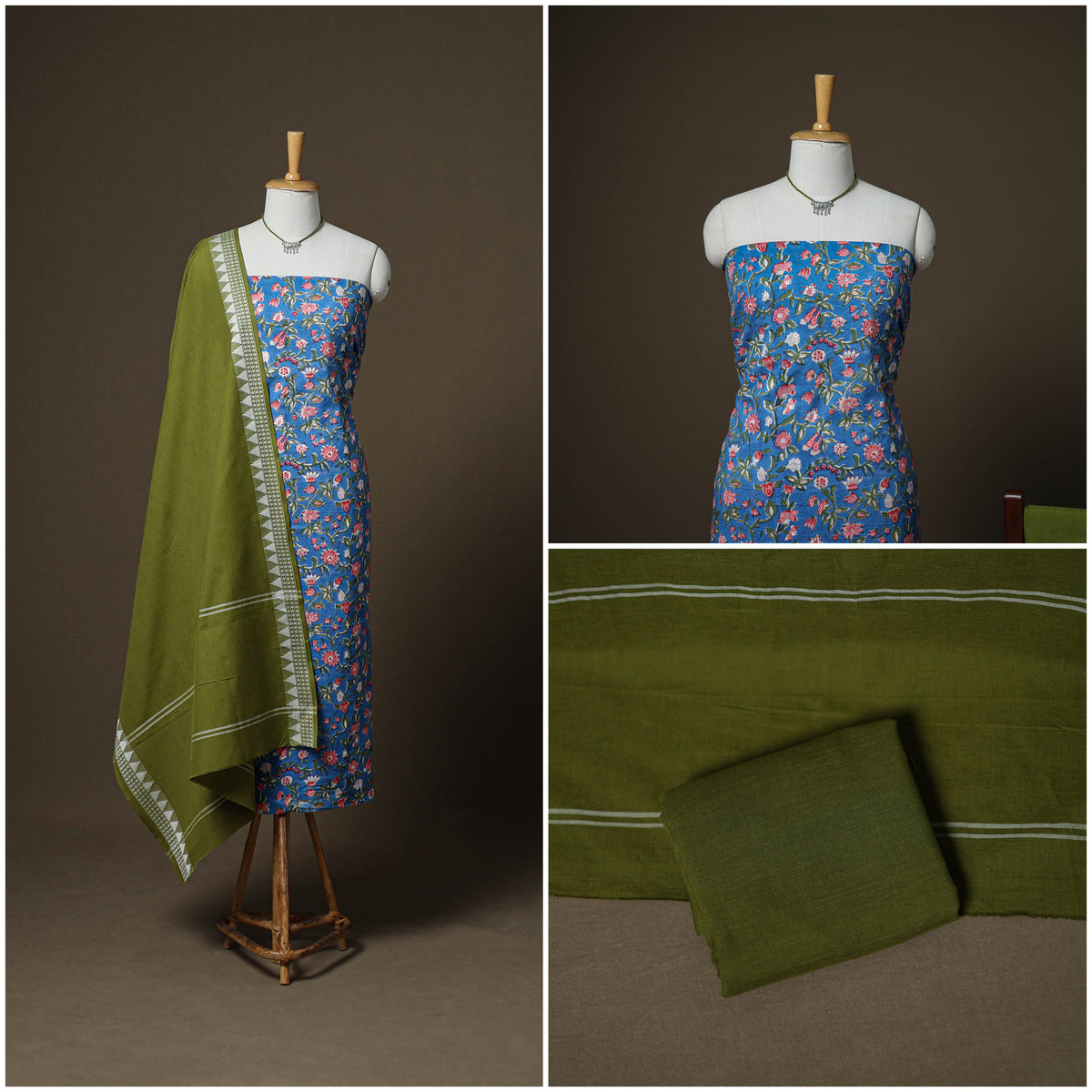 Sanganeri Block Print Cotton Unstitched Dress Material: Kurta, Bottom & Dupatta with Jewellery 09