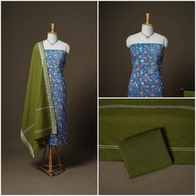 Sanganeri Block Print Cotton Unstitched Dress Material: Kurta, Bottom & Dupatta with Jewellery 09