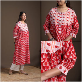 Gota Work Floral Sanganeri Block Print Cotton Straight Long Kurta for Women 08