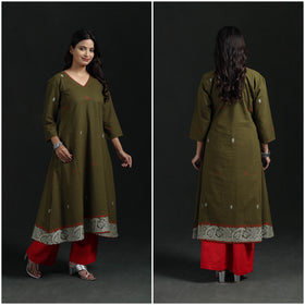 Hand Embroidered Jacquard Cotton A-Line Long Kurta for Women 05