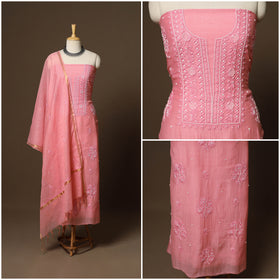Pink - 3pc chanderi silk unstitched hand beads work heavy