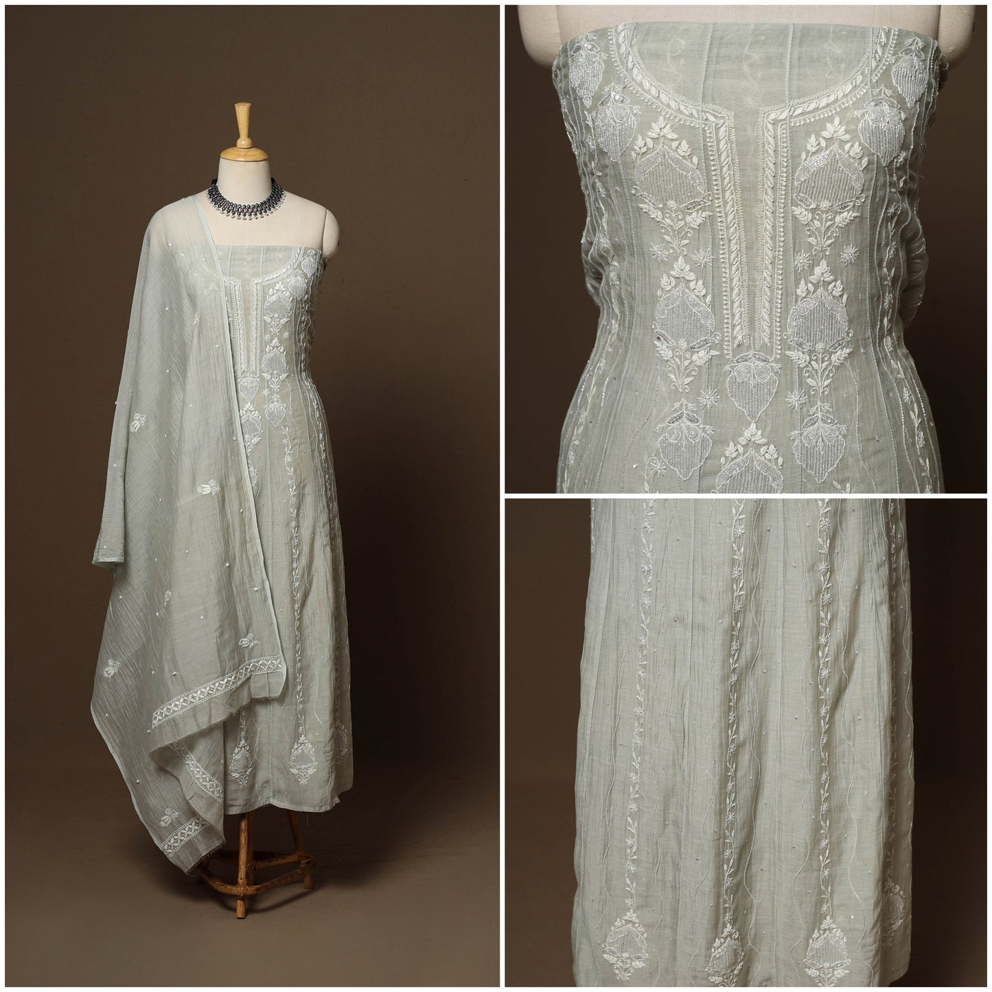 Green - 2pc mul chanderi semi stitched hand beads work