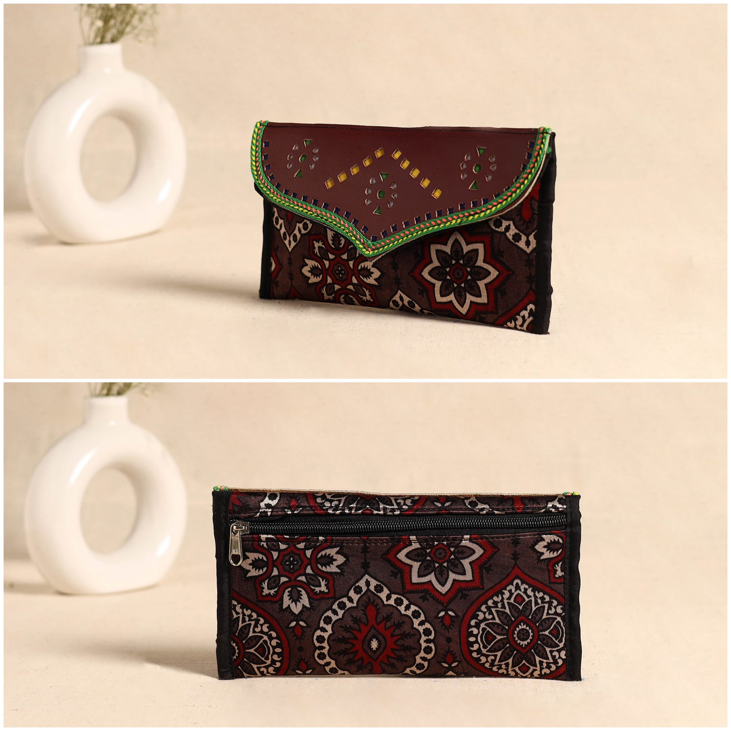 Traditional Kutch Mashru Silk Leather Flap Clutch / Wallet 112