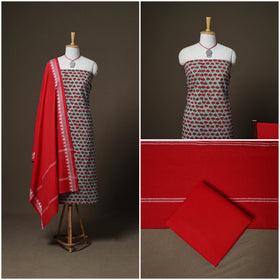Sanganeri Block Print Cotton Unstitched Dress Material: Kurta, Bottom & Dupatta with Jewellery 13