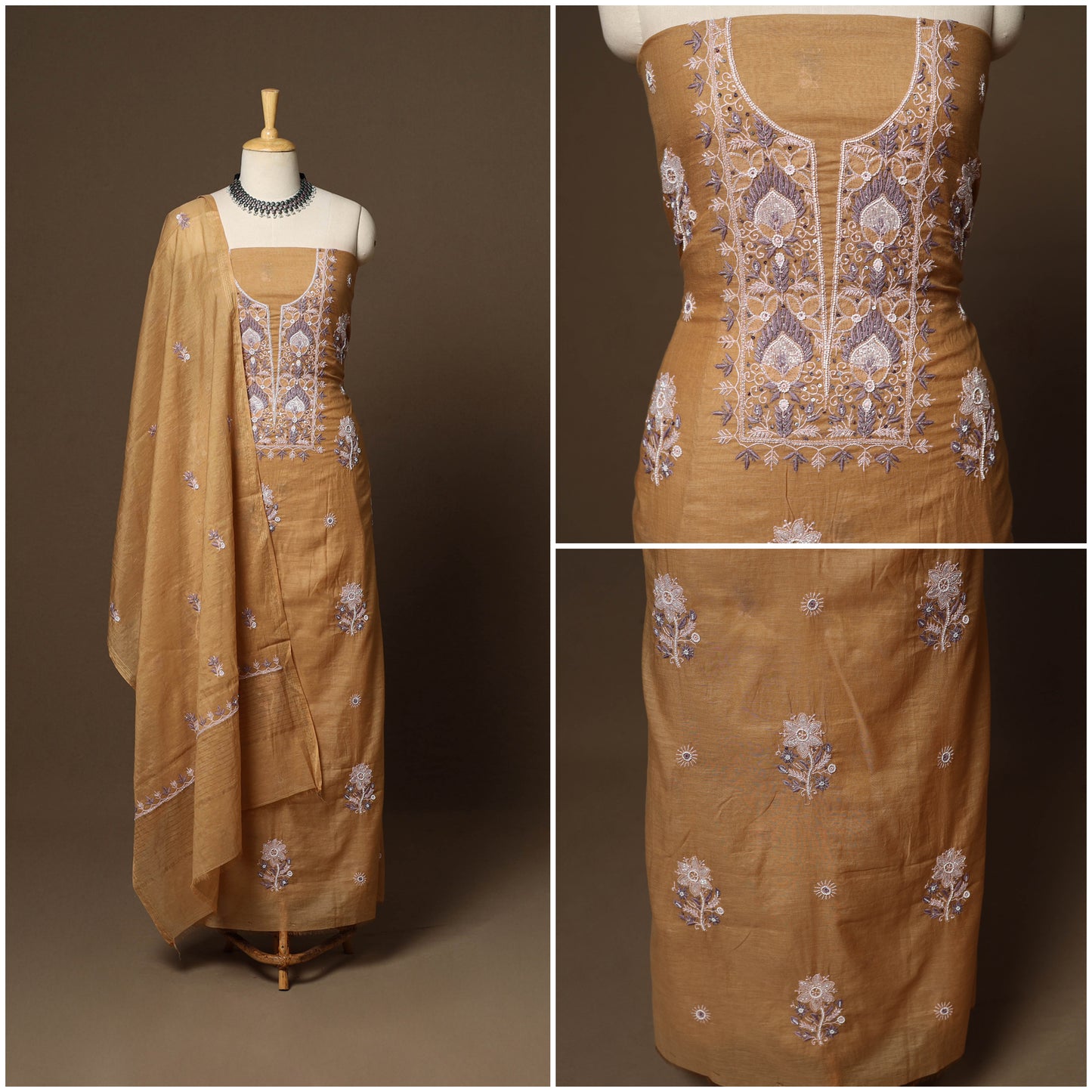 Brown - 3pc chanderi silk unstitched hand beads work heavy