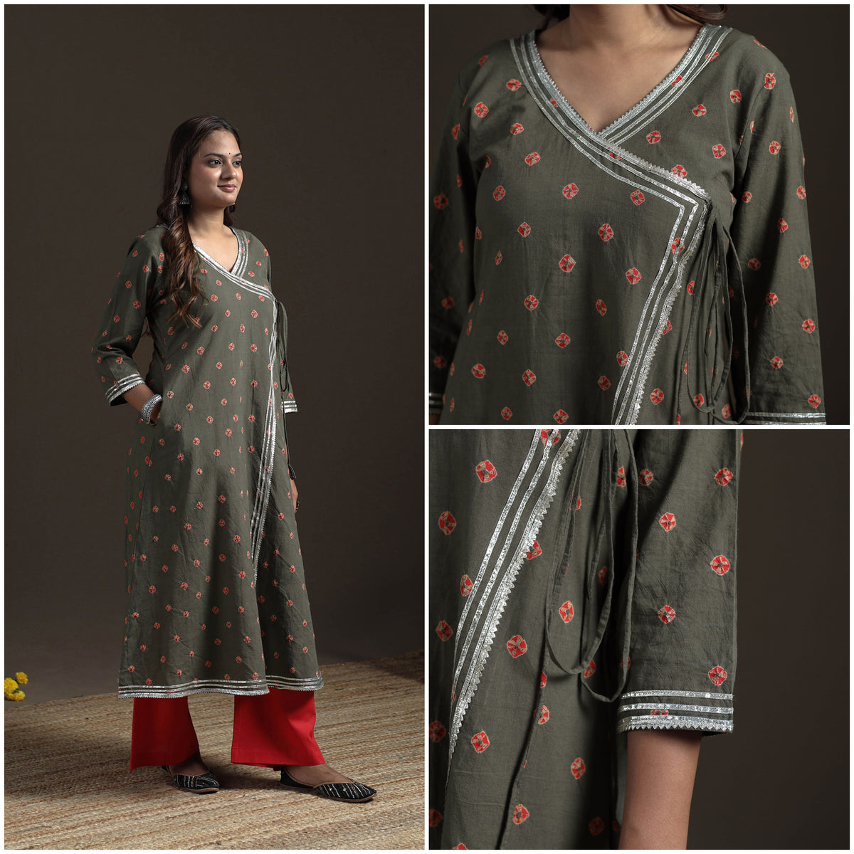 Gota Work Bandhani Tie-Dye Cotton A-Line Long Kurta for Women 12
